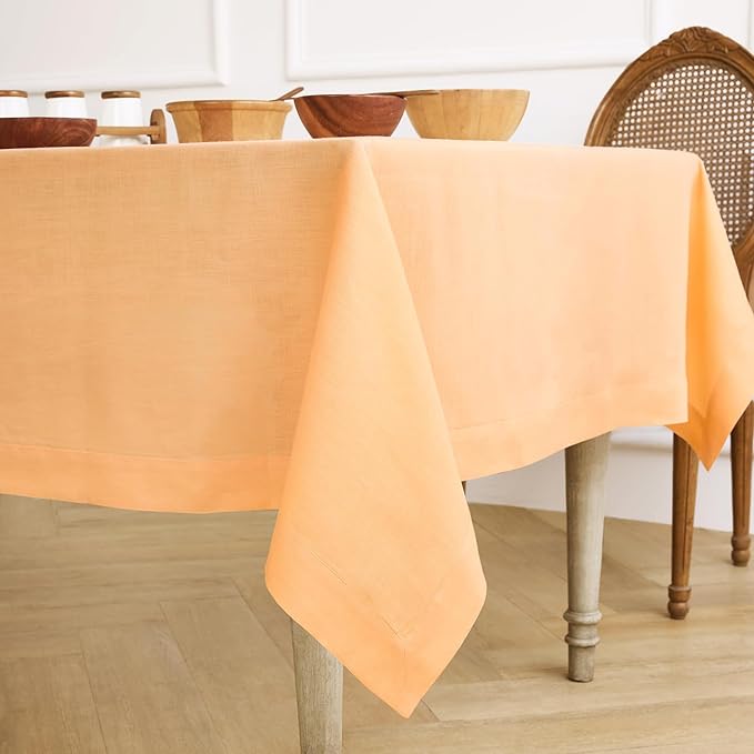 Solino Home Linen Tablecloth for Rectangle Tables 60 x 120 Inch - 100% Pure Linen Peach Table Cloth - Fete, Machine Washable Cloth Tablecloth for Valentines, Spring, Easter