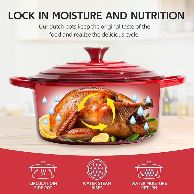 6 Quart Dutch Oven Enameled Cast Iron with Lid - Big Dual Handles - Oven Safe up to 500째F - Classic Round Pot for Versatile Cooking (Red, 6 QT)