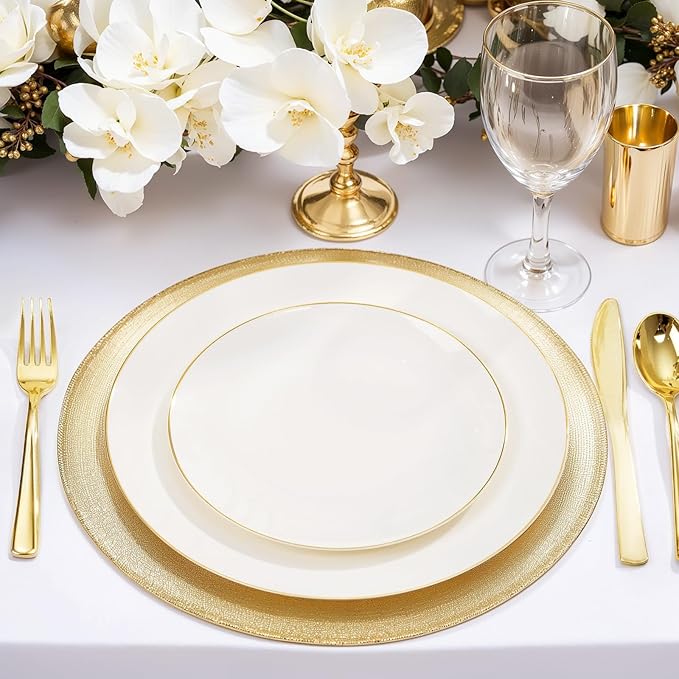 Nervure 100Pcs Ivory and Gold Plastic Plates - 10.25inch Disposable Ivory Dinner Plates - Heavy Duty Plastic Plate Ideal for Wedding & Party