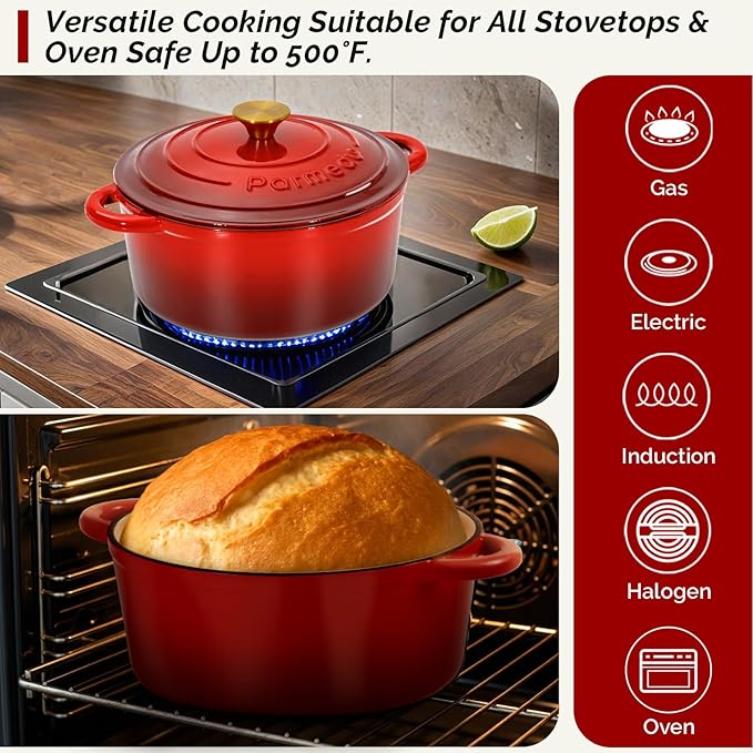 5.5 QT Enameled Cast Iron Dutch Oven ??Heavy-Duty Red Pot with Lid & Dual Handles, Ideal for Bread Baking, Stews & Roasting ??Includes Recipe Book