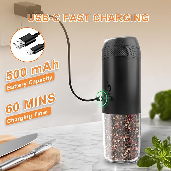 Gravity Electric Salt and Pepper Grinder Set Rechargeable, External Adjustable Coarseness, Automatic Salt and Pepper Shakers Mill with LED Light, 6oz/176ml Large Capacity, House Warming Gifts (1 Pack)