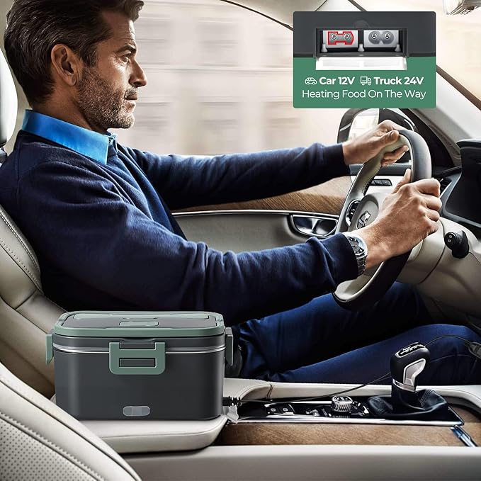 Vidaskeci Electric Lunch Box for Adultss 100W 1.8L Portable Heated lunch box for men 12V/24V/110V home/Car/Office/Truck,1,8L Removable 304Stainless Steel Container (Dark Green)