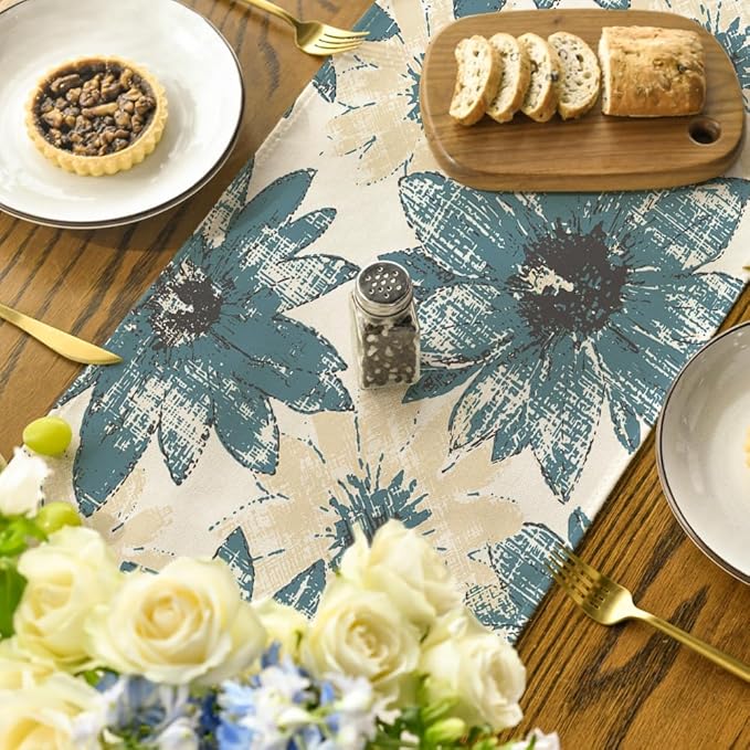 Artoid Mode Blue Retro Daisy Spring Table Runner, Seasonal Summer Vintage Kitchen Dining Table Decoration for Home Party Decor 13x36 Inch