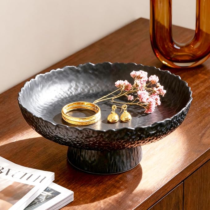 Large Glass Fruit Bowl for Kitchen Counter Decorative Centerpiece Bowl for Table Home D챕co, Black Hammered