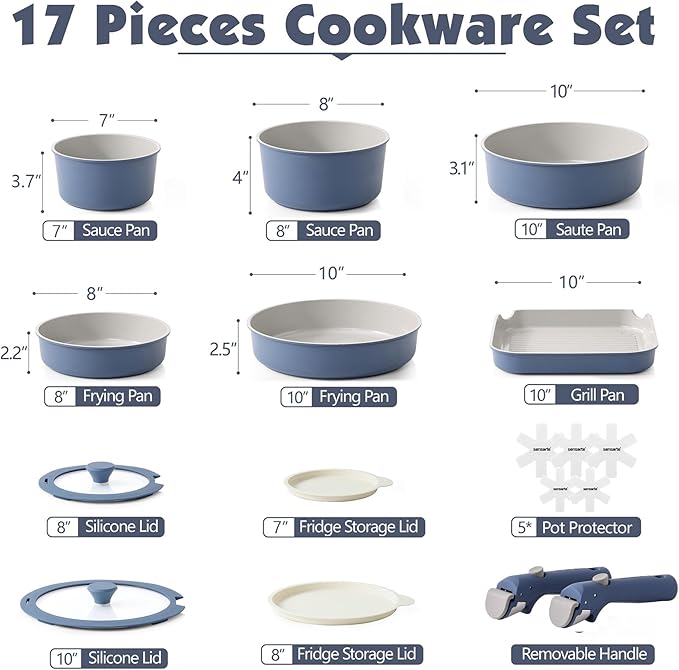 SENSARTE 17 Piece Ceramic Pots and Pans Set, Nonstick Detachable Handle Cookware, Induction Kitchen Cookware Set with Removable Handle, Dishwasher 竊?Oven Safe (Navy)