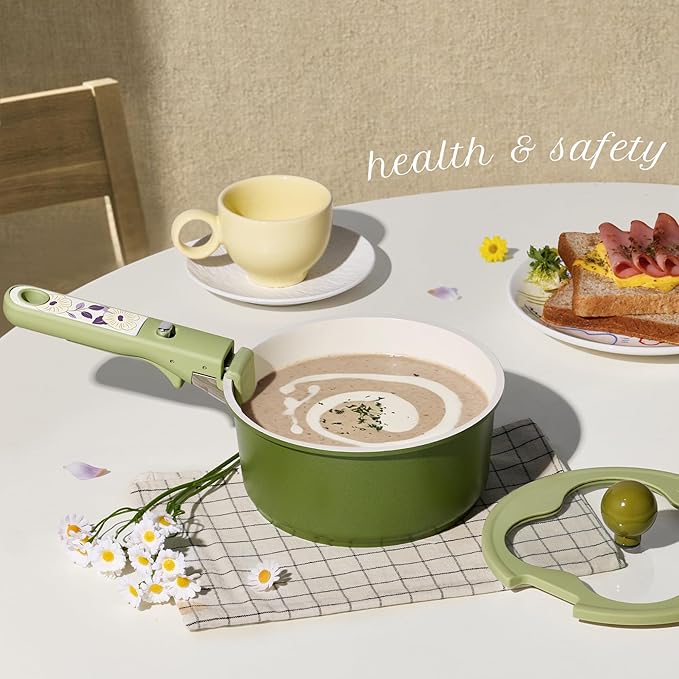 CAROTE 11pcs Ceramic Cookware Set, Pots and Pans Set Non stick, Induction Kitchen Cookware with Removable Handle, Dishwasher & Oven Safe, RV/Camping Cookware, PFOA Free, Green