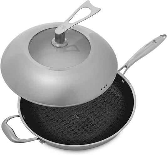 Hell's Kitchen Hybrid 12??Wok Pan, Tri-Clad Stainless Steel and Nonstick Ceramic, PFAS Free, no PFOA, no PTFE, no Teflon, Non Toxic Cookware, Metal Utensil Safe, All Cooktops and Oven Safe (Wok + Lid)