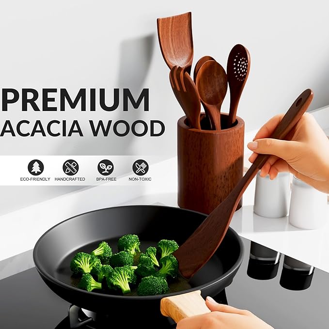 6-Piece Acacia Wood Cooking Utensil Set ??Wooden Kitchen Pan Toolset for Nonstick Cookware ??Includes Spoons & Spatulas ??Non-Scratch, Eco-Friendly Cooking Tools ??Everyday Use - Lifetime Replacements