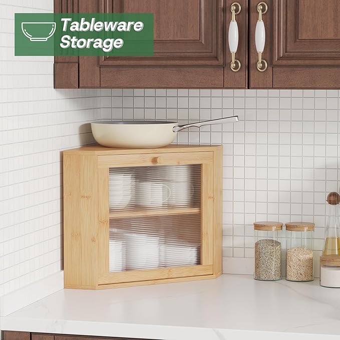 Bamboo Corner Bread Box for Kitchen Countertop - Wavy Acrylic Door, Adjustable 2-Layer Bread Storage Container, Large Bread Holder