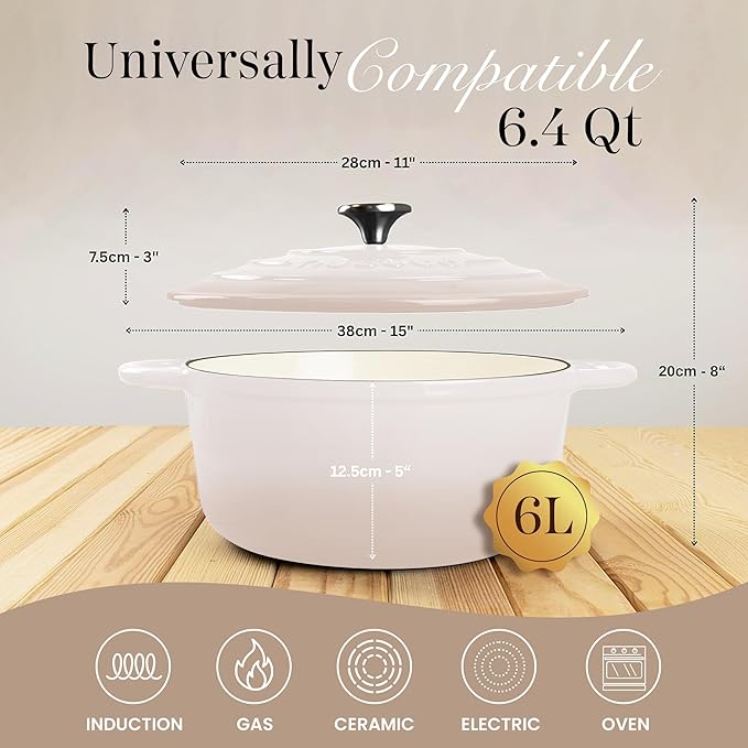 Nuovva Enamelled Cast Iron Dutch Oven Pot with Lid 6.4 Quart Non Stick Casserole Pot ??Heavy Duty & Oven Safe up to 500째 F for Bread Baking, Braising, Stews, Roasting ??28cm Oyster