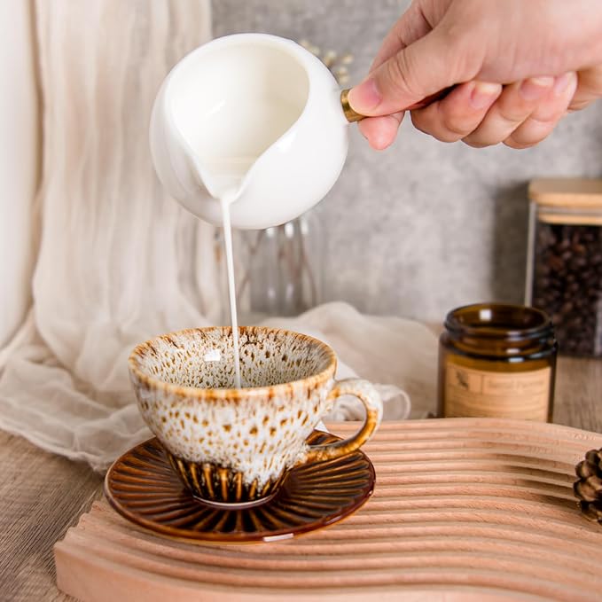 2 oz Espresso Cups Set of 2, Ceramic Cappuccino Cups with Saucers, Durable Porcelain Tea Set & Modern Coffee Cup Collection, Coffee Lover Gifts, Glazed White