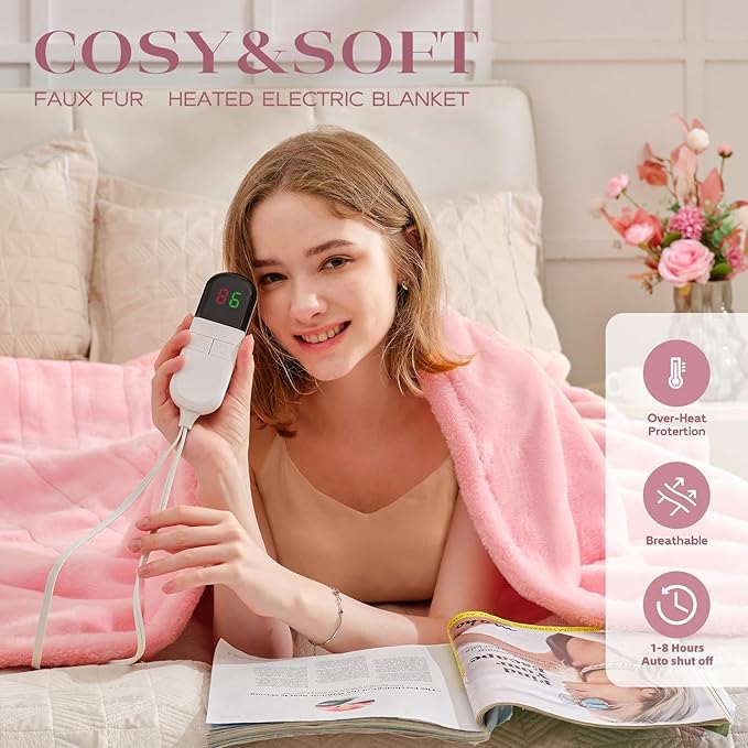 Premium Heated Blanket King 90"횞100",Ultra Cosy Soft Electric Blanket with 8 Heating Levels,Dual Control Plush Fast Heating Faux Rabbit Fur for Bed - Auto Shut Off,Machine Washable(Pink)