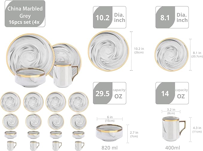 16 Piece Plates and Bowls Sets, Fine China Artisan Marbled Dinner Set for 4, Dishwahser Safe, Scratch Resistant, Grey with Gold Line