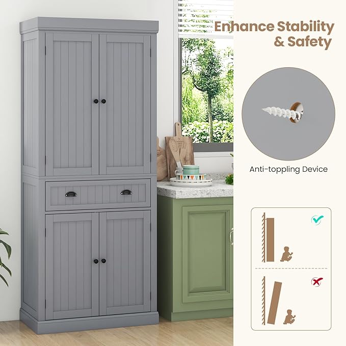 DORTALA 72??Tall Kitchen Pantry Cabinet, Wood Storage Cupboard w/ 4 Adjustable Shelves, 2 Cabinets & Drawer, Utility Freestanding Storage Cabinet for Kitchen, Hallway, Living Room, Grey
