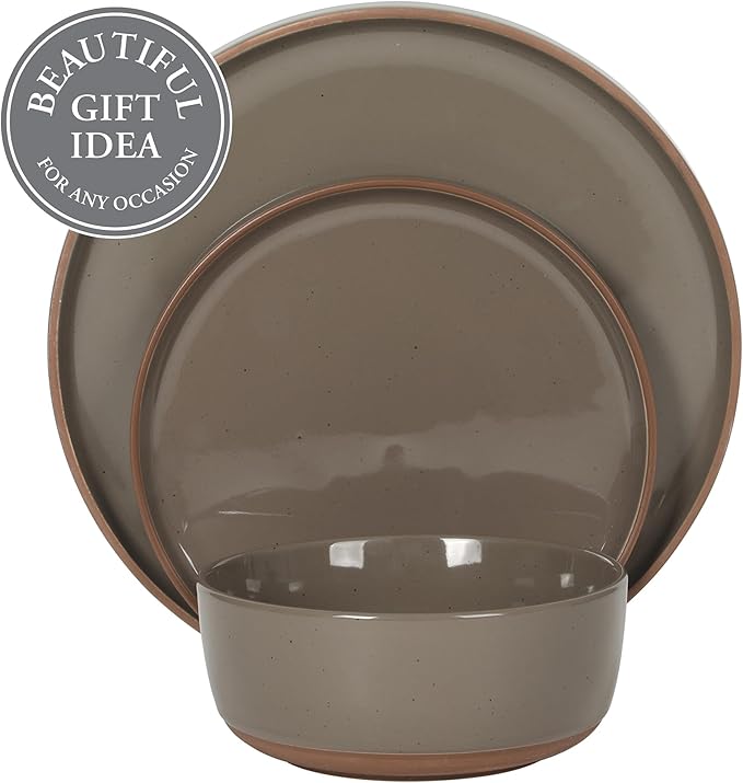 Gibson Elite Northrock Stoneware Dinnerware Set, 12-Piece Service for 4 Plates and Bowls Set ??Gray Dishes with Hand-Painted Terracotta Base