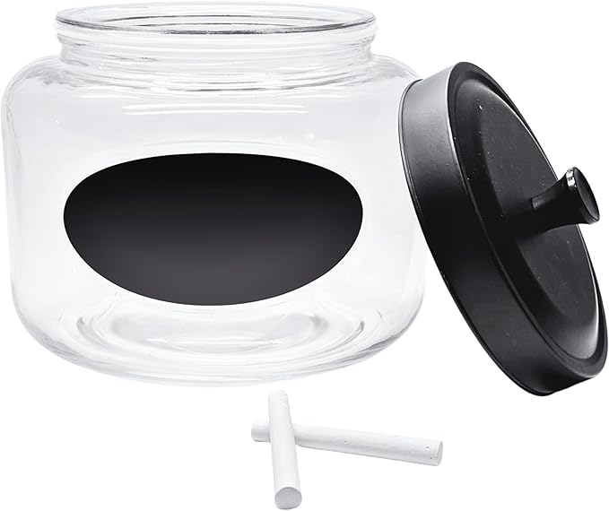 Kitchen and Laundry Storage Glass Jar ??Wide Mouth Round Glass Storage Container with Black Steel Lid and Chalkboard Label - 2 Sticks of Chalk Included (1, 3L | 101oz | 0.8 Gallon)