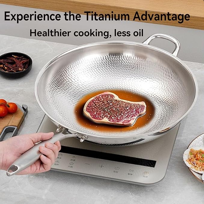 Titanium Hammered Wok, No Coating Non-Stick Titanium Cookware, Frying Pans, Hammered Pan,Ultra-Durable, Scratch-Resistant, Even Heating Frying Pans, Safe for Oven,with lid,12.59in
