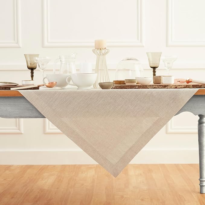 Solino Home Light Natural Linen Tablecloth 52 x 52 Inch - 100% Pure Linen Square Table Throw - Athena, Machine Washable Tablecloth for Spring, Easter