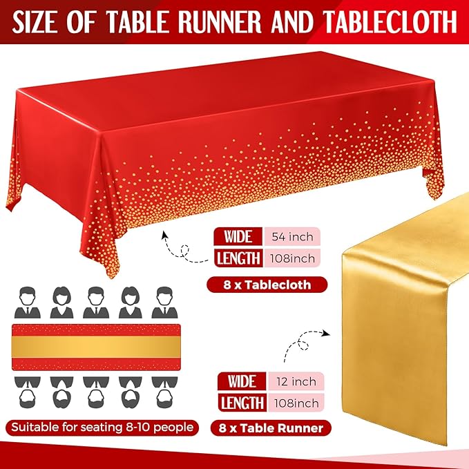 Tudomro 16 Pcs Red and Gold Disposable Plastic Tablecloths and Satin Table Runner Set 54x108 Inch Tablecloth 12x108 Inch Table Runners for New Year Wedding Birthday Baby Shower Graduation