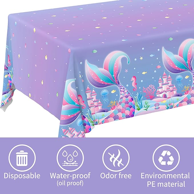 Gatherfun Mermaid Party Supplies Set: 2-Pack Rectangular Plastic Tablecloths, 54 x 108 Inches, Purple (Gradient) Mermaid Pattern, Kids & Girls 1st Birthday Decorations