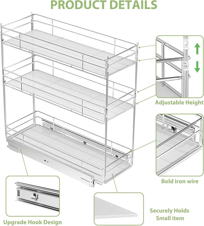 Pull Out Spice Rack Cabinet Organizer (8" W X 20쩍" D),3 Tier Slide Out Drawer for Narrow Cabinet, Pull Out Shelves Under Cabinet Storage for Kitchen