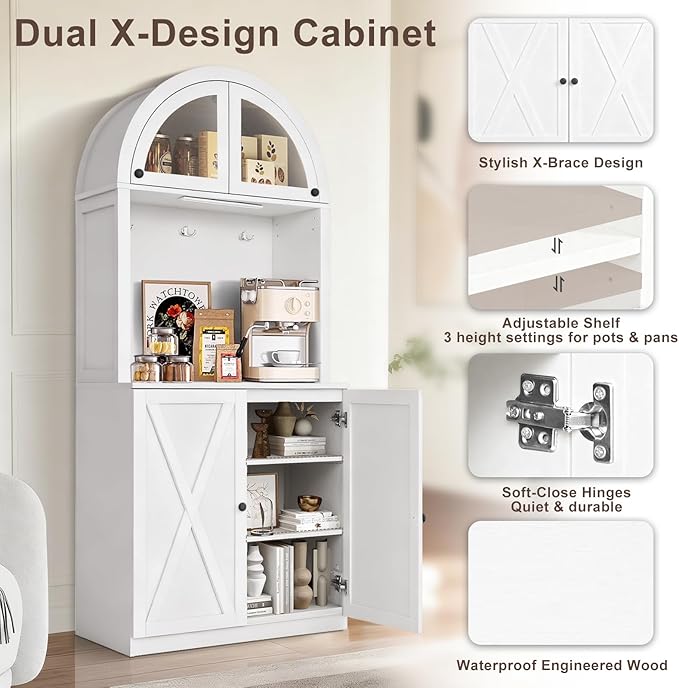 71" Tall Arched Kitchen Pantry Cabinet, Farmhouse Storage Cabinet with LED Light, Adjustable Shelves & Glass Door, Versatile Cupboard for Kitchen, Dining Room, Bathroom
