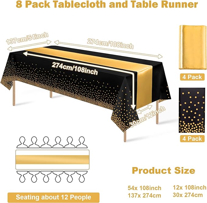 8Pack Disposable Plastic Tablecloths and Satin Table Runner Set Black Gold Dot Table Cloth Gold Satin Table Runner for Graduation Wedding Birthday Baby Shower Anniversary Holiday Party Decorations