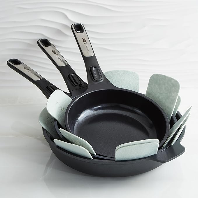 BergHOFF Phantom 3Pc Nonstick Ceramic Frying Pan Set Detachable Handle Recycled Cast Aluminum CeraGreen Non-toxic Coating Induction Pan Oven-to-table Cookware Full Disk