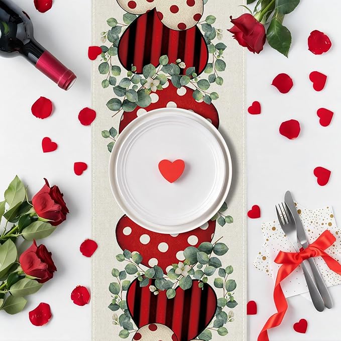 Valentines Day Table Runner 13x90 Inch, Eucalyptus Hearts Valentine Table Runner, Anniversary Home Kitchen Dining Table Holiday Party Decorations