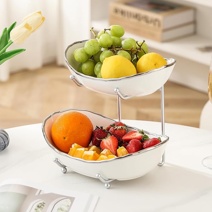 2 Tier Ceramic Fruit Bowl for Kitchen Counter, Tiered Fruit Basket for Countertop, Modern Multi Layer Fruit Display Stand for Party, Cute (Silver-rimmed, Small)