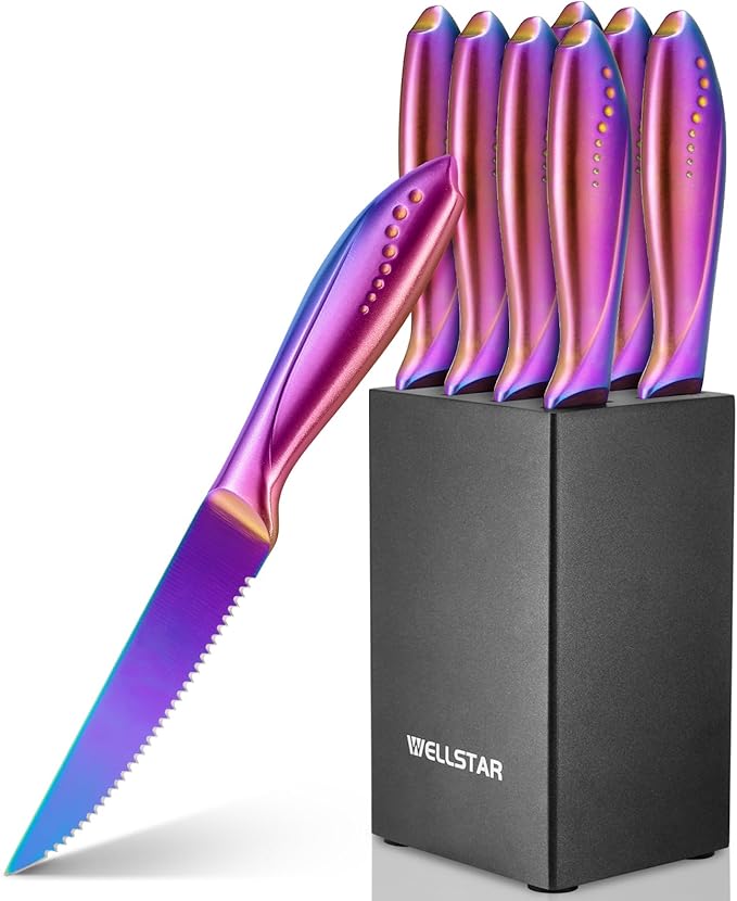 WELLSTAR Steak Knives Set of 8 with Wood Block, 4.75 Inch Rainbow Serrated Steak Knife Set, Razor Sharp German Stainless Steel with Full Tang Handle, Space Saving Steak Knife Set