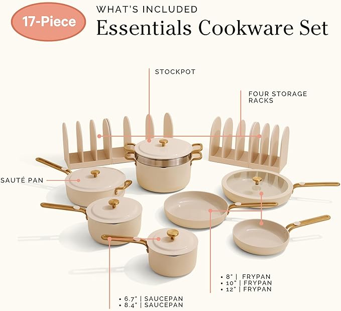 Our Place 17-Piece Essentials Complete Cookware Set - Ceramic Fry Pans, Saucepans, Saut챕 Pan, Stock Pot, Strainer Basket & Modular Storage | Thermakind??Nonstick, Oven Safe up to 450째F | Cream