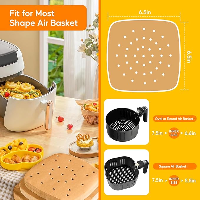 Katbite 200Pcs 6.5 inch , Unbleached Square Liners, Heavy Duty Perforated parchment paper for air fryer, Steaming Basket, Bamboo Steamer, Oven Baking