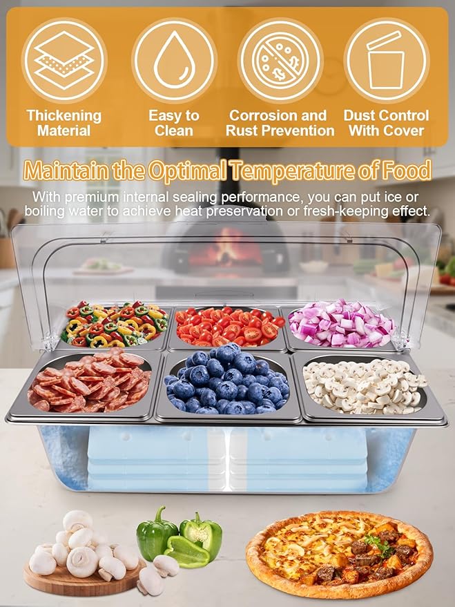 Lanstics Pizza Topping Station 7 Pans Stainless Steel Spice Organizer Salad Bar Buffet Station with Spoons Ice Boxes Buffet Containers Set for Sauce Jam Ingredient Kitchen Restaurant Pantry
