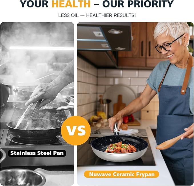Nuwave 3-Piece 8?? 10?? 12??Forged Lightweight Frying Pan Set, G10 Healthy Duralon Blue Ceramic Ultra Non-Stick, Ergonomic Stay-Cool Handles, Induction-Ready & Works on All Cooktops