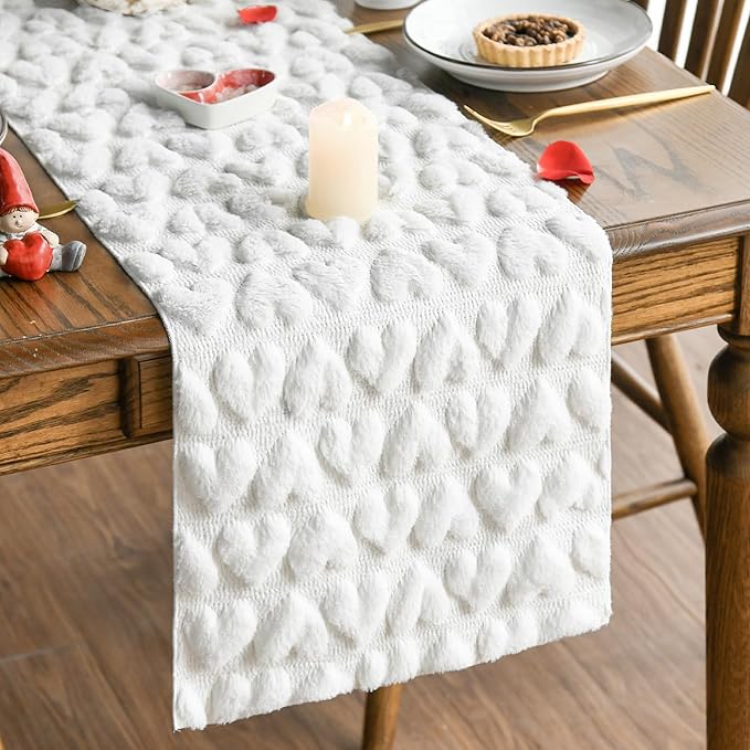 Artoid Mode White Soft Plush Faux Fur Jacquard Heart Valentine's Day Table Runner, Seasonal Kitchen Dining Table Decoration for Home Party Decor 13x108 Inch