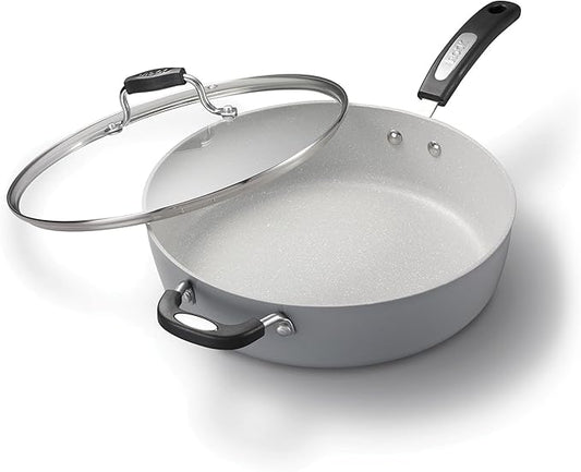 Starfrit The Rock Terra 30cm (12'') Ceramic Non-Stick Deep Fry Pan With Lid - Thick Aluminium Base - PFAS Free - Easy to Clean - Grey