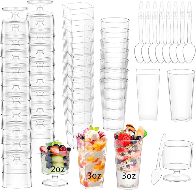 ALEXPRE 240 Packs 2/3 oz Mini Dessert Cups with Spoons, Square/Round/Round Goblet Clear Dessert Parfait Cups, Mini Plastic Dessert Cups Small Reusable Fruit Ice Cream Pudding Appetizer Cup Bowls