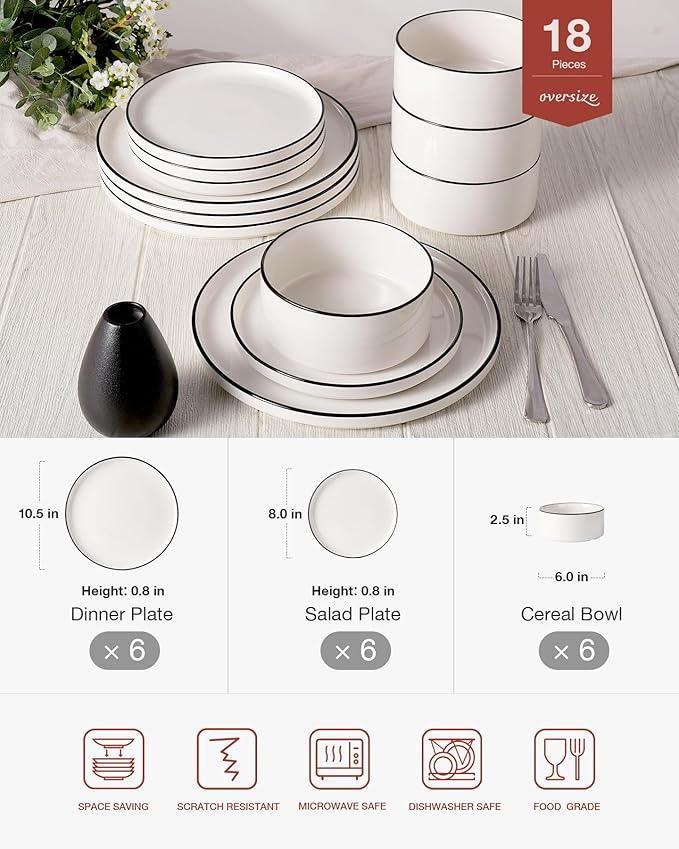 Famiware Porcelain Dinnerware Set, 18-Piece Modern Plate and Bowl Set, dish set for 6, Microwave and Dishwasher Safe Tableware, White with Black Trim