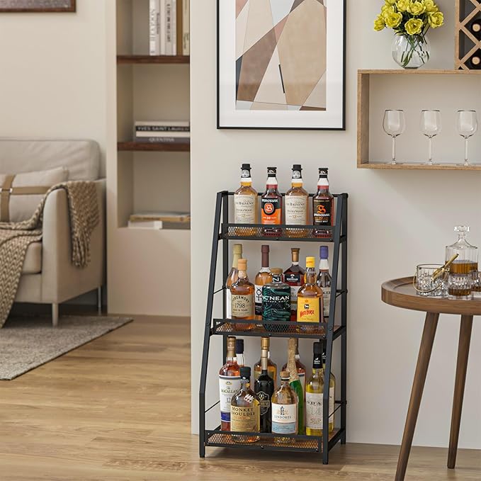 3-Tier (Safe Height for Kids & Pets) Liquor Stand for Home Bar, Stepped Wine Rack Freestanding Floor for Liquor Whiskey Wine, Versatile Corner Wine Bottle Display Stand with Fences, Vintage Brown