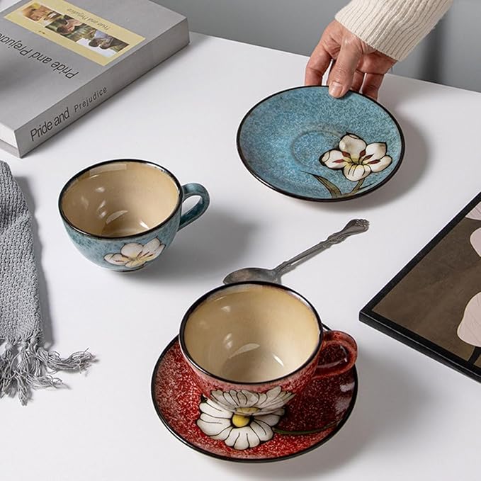 Cappuccino Cups with Saucers Set of 4 ??8oz Ceramic Coffee Cups, Latte Espresso Mugs with Floral Design, Colorful Coffee Cup Set for Cappuccino, Latte, Mocha (4 colors)