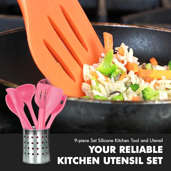 Chef Craft - Premium Silicone Kitchen Tools and Utensils Set, Non-Scratch, Withstands Temperatures up to 450째F, BPA-Free, 9 Piece Cooking Utensils Set, Pink