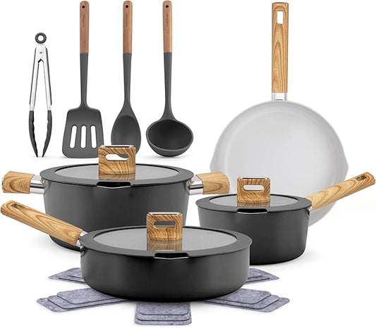 NutriChef 14-Piece Non-Stick Ceramic Cookware Set - Induction Safe Pots and Pans with Glass Lids, Cool-Touch Handles, Even Heat Distribution, Dishwasher Safe, Includes Ladle, Tong, Spatula (Black)