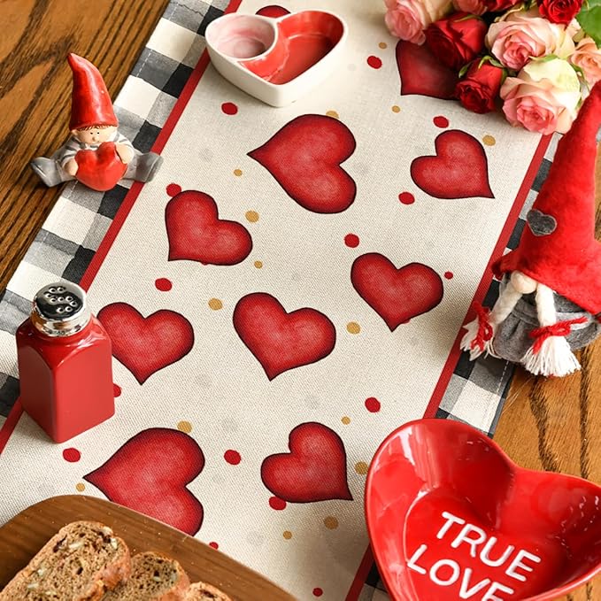 Artoid Mode Watercolor Hearts Gnomes Love Valentine's Table Runner, Seasonal Anniversary Wedding HoliKitchen Dining Table Decoration for Indoor Outdoor Home Decor 13 x 90 Inch