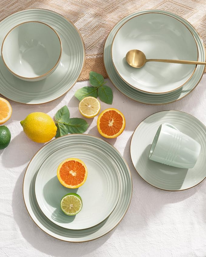 Famiware Jupiter Dinnerware Set, Plates and Bowls Dish Sets for 8 (24 Pieces), Microwave and Dishwasher Safe Stoneware Speckled Tableware, Chip and Scratch Resistant, Light Green