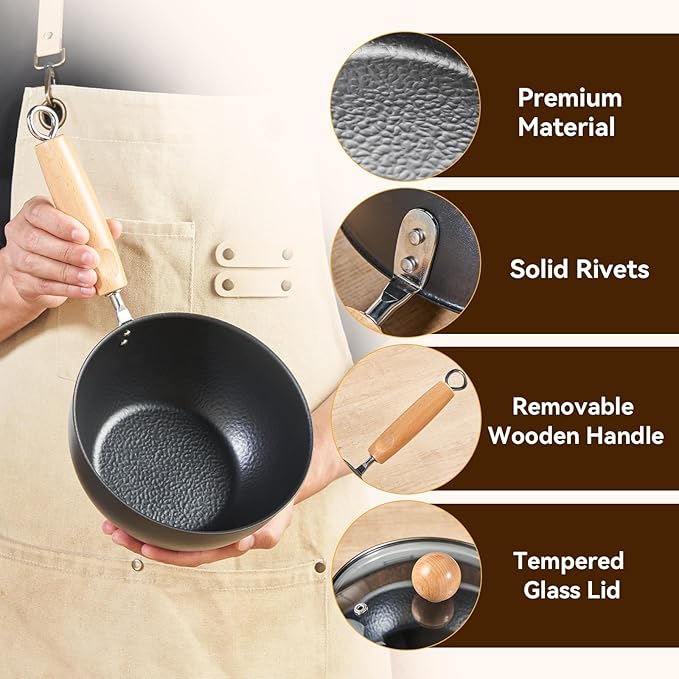 WANGYUANJI 7.1 Inch Hammered Iron Saucepan with Glass Lid, Removable Beechwood Handle, Small Milk Pot for Boiling, Simmering, Heating ??Non-Coated, Stovetop Compatible
