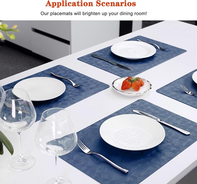 Bxzandya Vinyl Placemats Set of 6 Heat Resistant Easy Clean Non-Slip Place Mats for Dining Table Faux Leather Waterproof Stain Resistant Wipeable Washable PVC Table Mats(6, Blue)