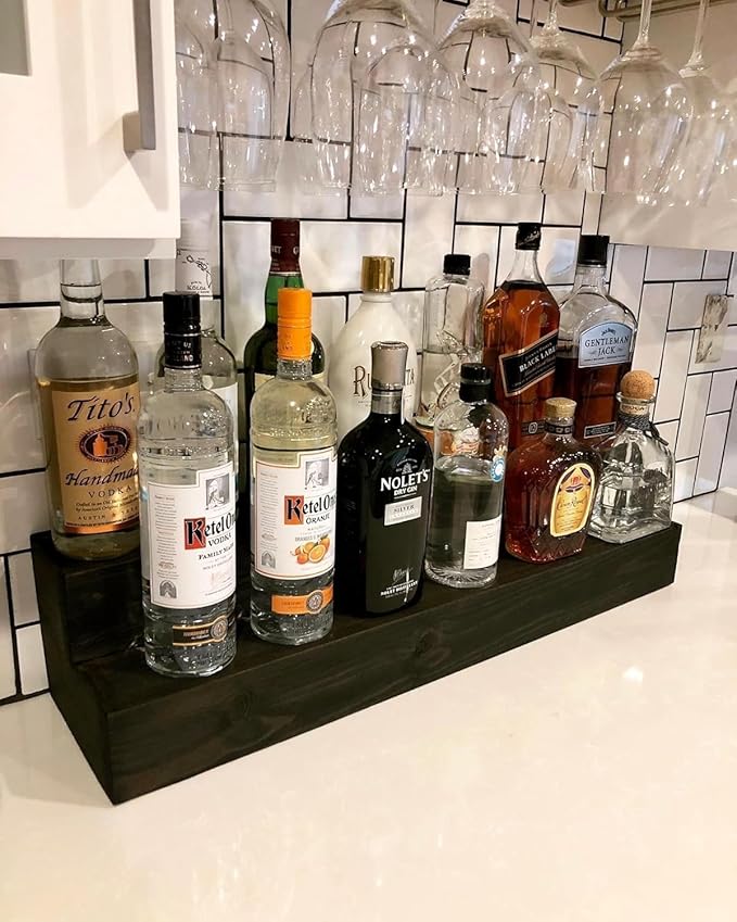 Tiered Bottle Shelf | 2 Tier Liquor Bottle Display | Bar Organization | Wine Shelf | Black (18")