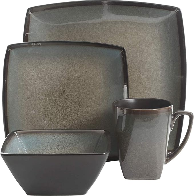 Gibson 101859.16RM Elite Tequesta 16 Piece Square Glazed Durable Dinnerware Set with Plates, Bowls, & Mugs, Microwave/Dishwasher Ready, Taupe (3 Pack)