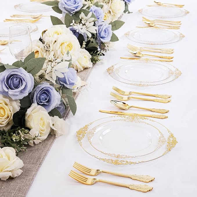Morejoy 100pcs Gold Plastic Plates - Clear Gold Disposable Plates - 7.5 inch clear and gold dessert plates, Clear Plastic Plates with Gold Rim for Weddings & Parties & Shower